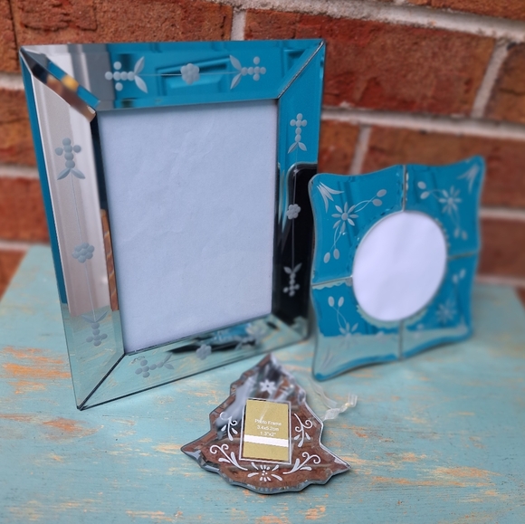 3 Mirror Frames Venetian Glass Beveled Edge Ornate Crystal Etched Flowers Tree - Picture 14 of 16